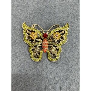 Vintage Multicolor Rhinestone Butterfly Flowers Brooch Pin Large Art Nouveau